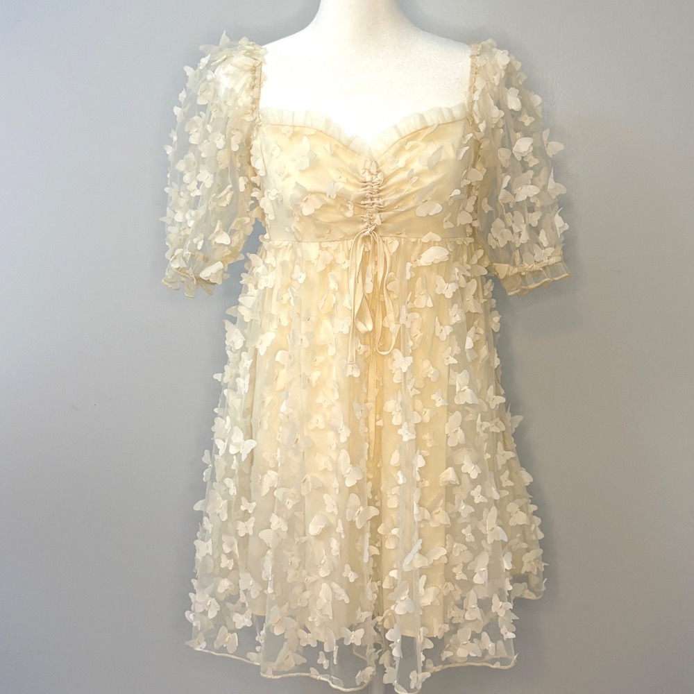 Mable Butterfly Appliqué Tulle Mini Dress Cream Yellow Sz S Babydoll Fairycore